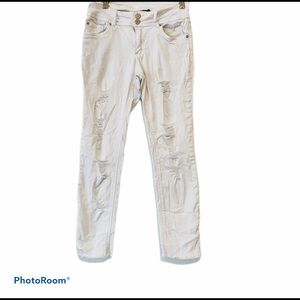 ASHLEY MASON WOMENS DENIM JEANS WHITE DISTRESSED FRAYED SKINNY STRETCH